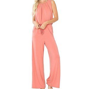 Dusty Rose Mauve Sleeveless Flowy Knit Wide Leg Jumpsuit Romper Pantsuit NWT